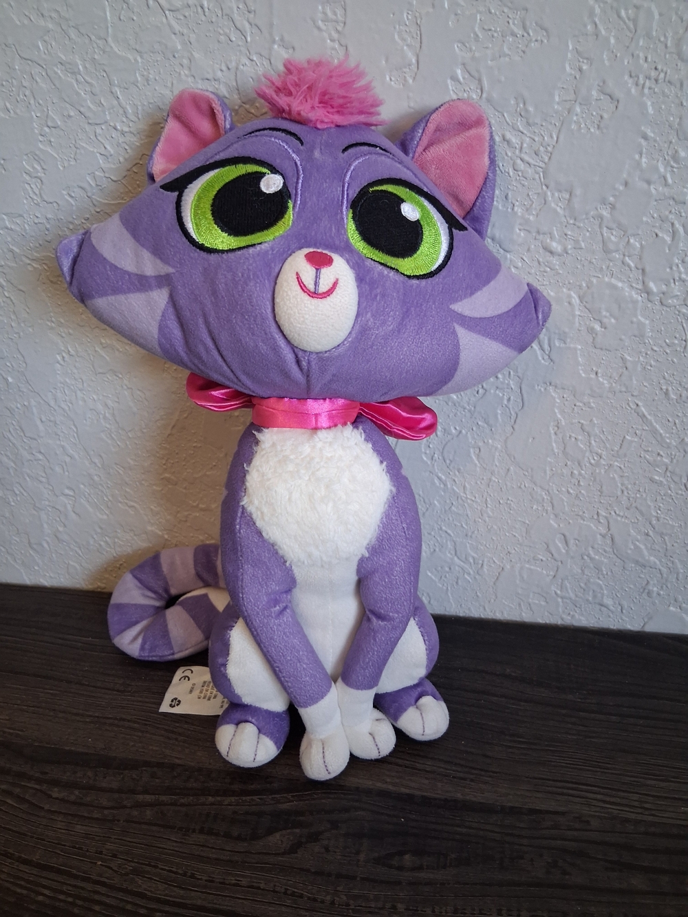 Disney Purple Plush Cat Toy with Green Eyes and Pink Bow